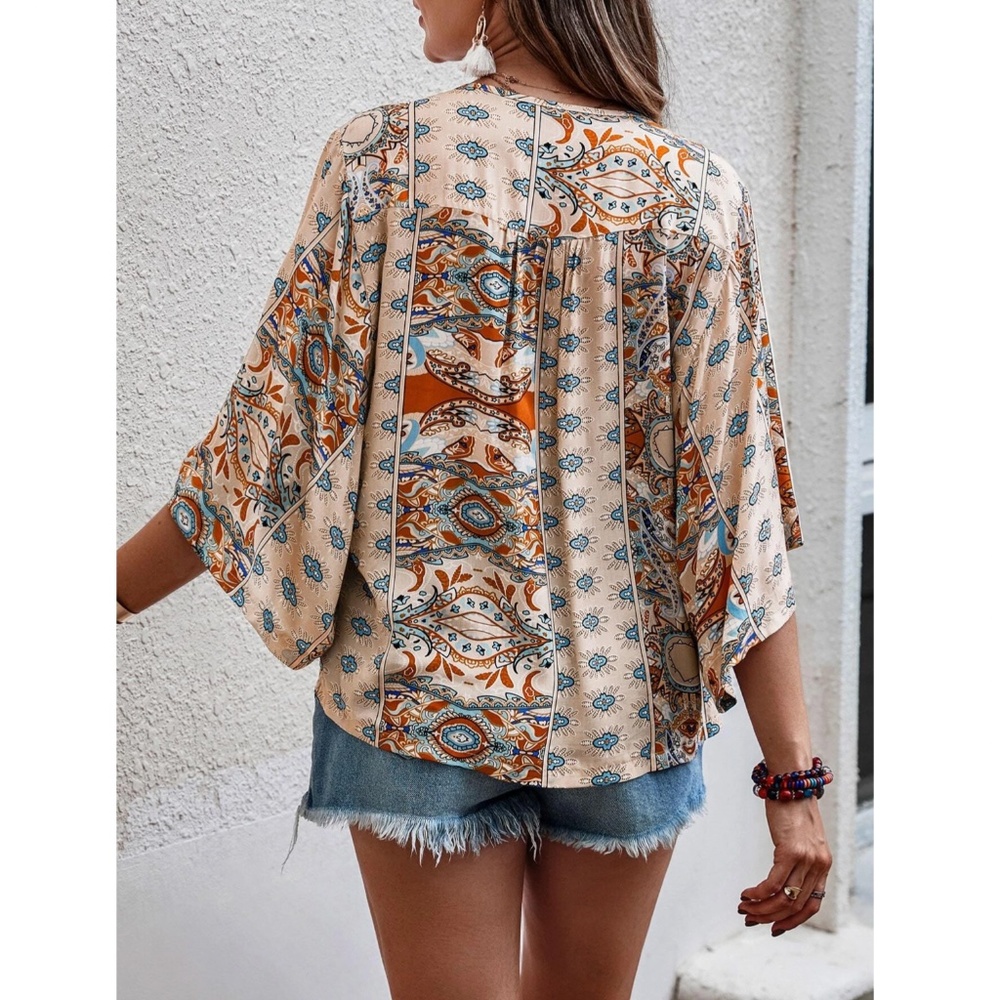 Printed Beige Multicolor Batwing Sleeve V-Neck Blouse Top - Picture 2 of 11